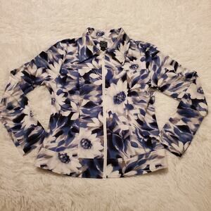Clara Sun Woo Lightweight Zip- Front Jacket White Black Blue Flowers Size Small
